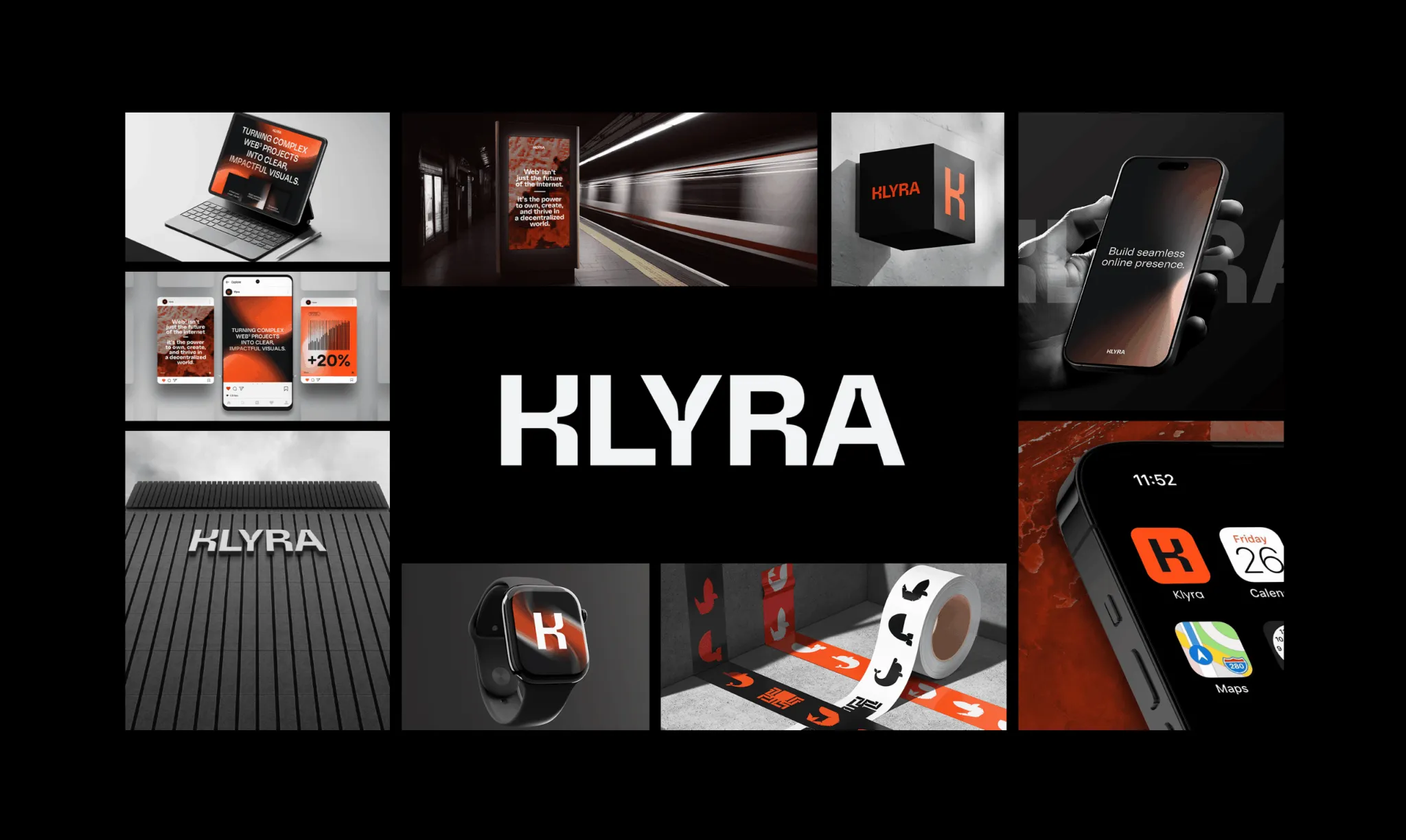 Compilation de branding Klyra sur différents supports digitaux et physiques