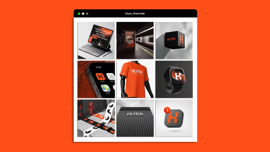 Mockups du branding Klyra sur t-shirt, smartphone et ordinateur