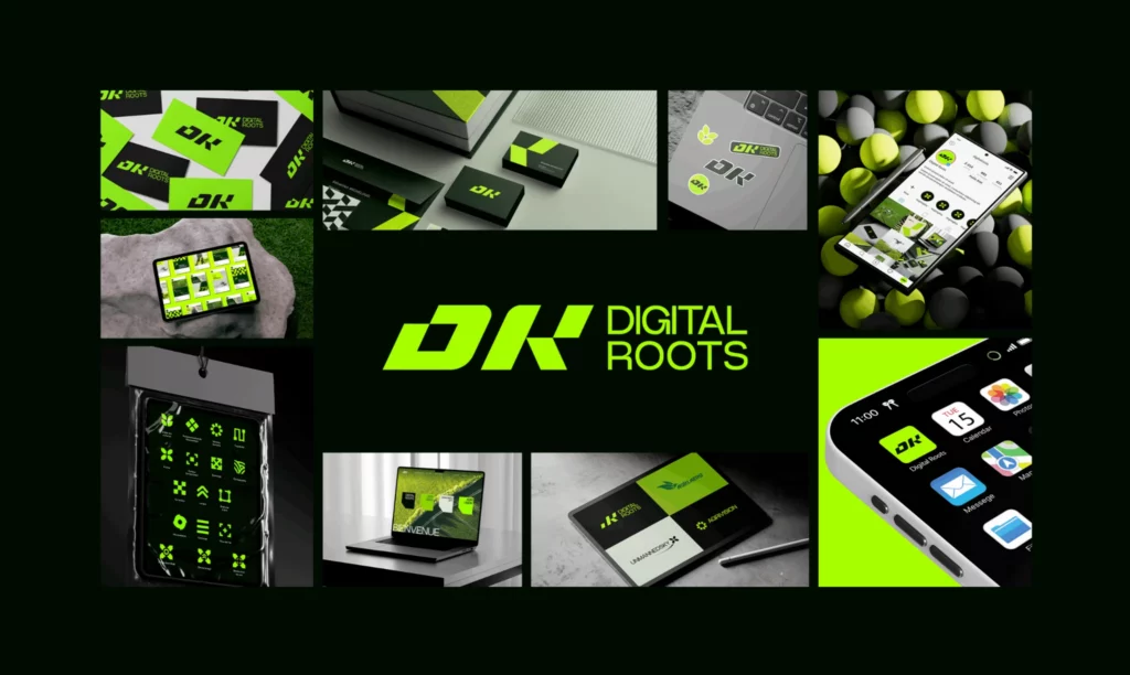 Identité visuelle Digital Roots avec logo et branding sur cartes, écrans et objets.