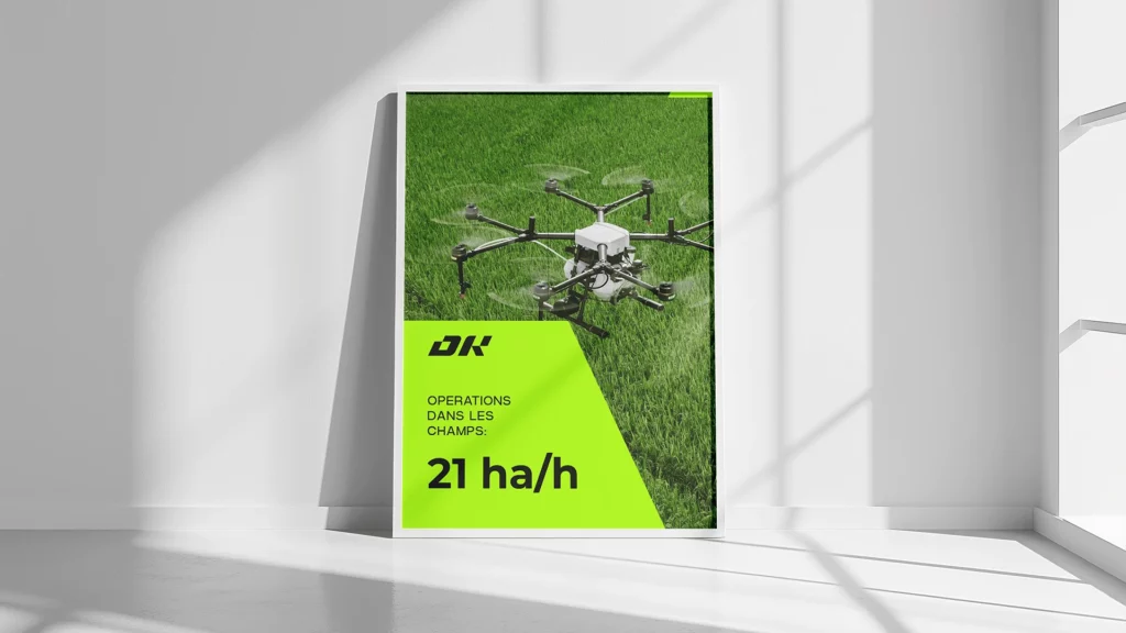 Poster lumineux Digital Roots avec drone agricole et données de productivité.