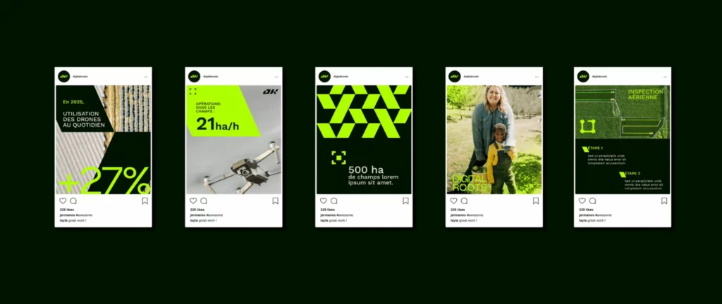 Publications Instagram Digital Roots avec chiffres et visuels agricoles.