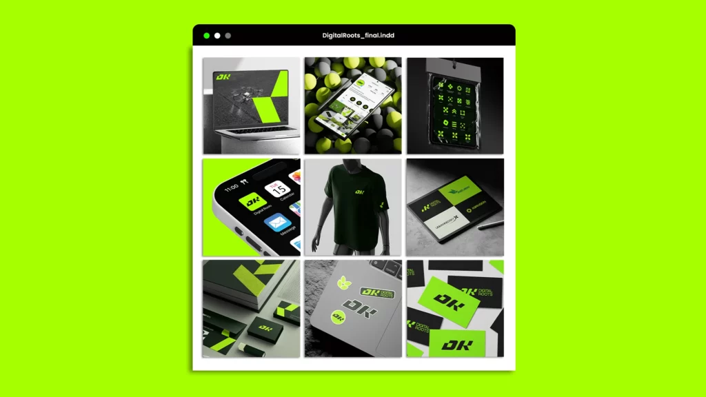 Maquette de feed Instagram Digital Roots avec branding et posts visuels.