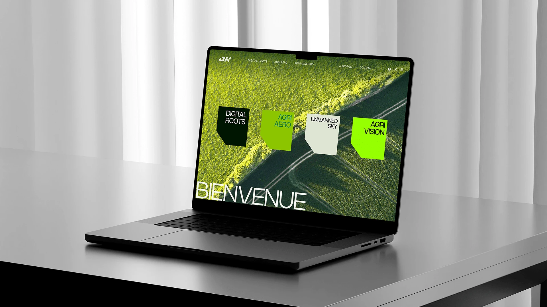 Présentation du site Digital Roots sur laptop avec identité visuelle et sections.