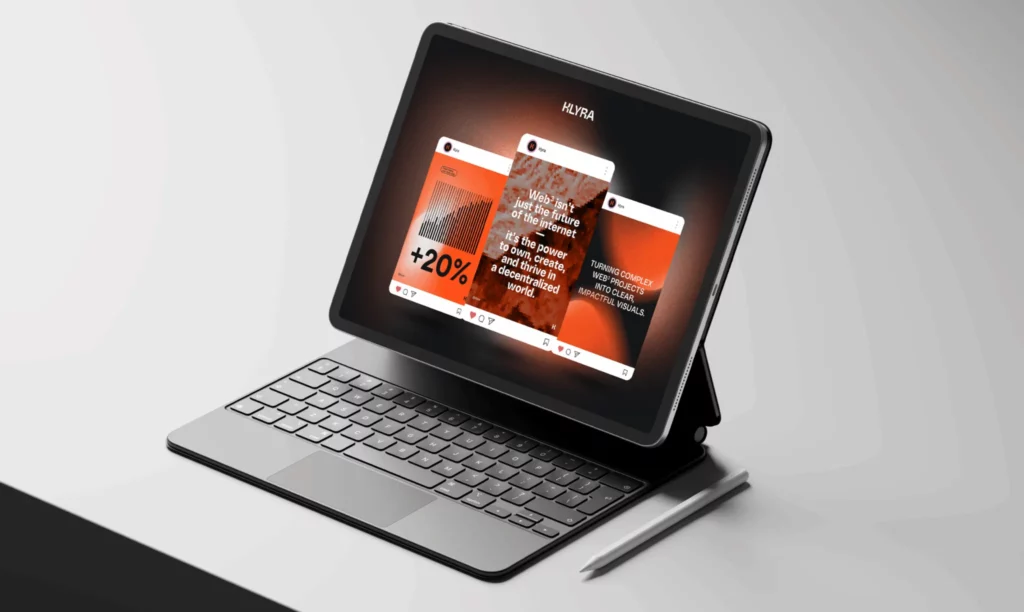 iPad Pro avec Magic Keyboard affichant les visuels Klyra
