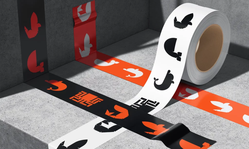 Rouleaux de scotch imprimés avec les logos Klyra en noir, blanc et orange